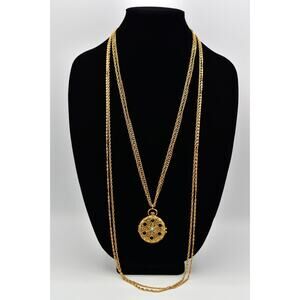 Goldette Vintage Locket Cabochon Trinket Necklace Multi-Chain Signed 1940s BinBN